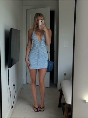 Beginning Boutique Light Blue Halter Tie-Front Mini Dress